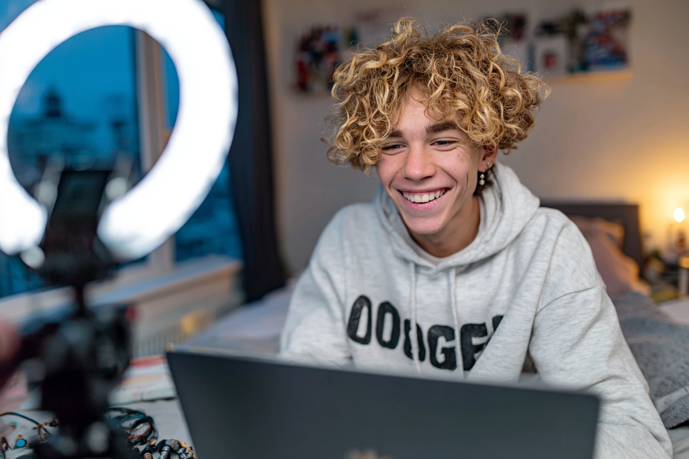 stasy4706_Teen_boy_with_curly_hair_uploading_a_vlog_on_his_lapt_8ec0e3c1-be21-45bc-8b66-0e164b40ea78